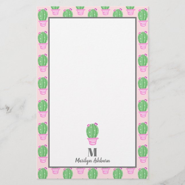 Trendy Pink Potted Cactus | PERSONALISIERT Briefpapier (Vorderseite)
