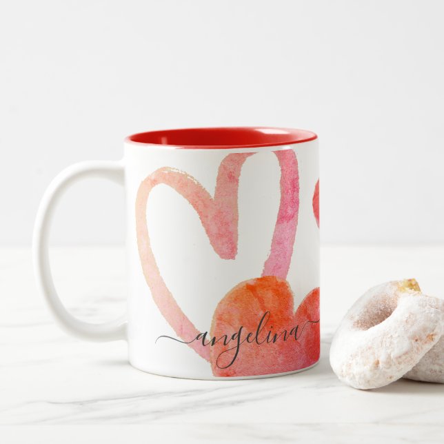 Trendy Pink & Red Hearts Monogram Valentines Two-T Zweifarbige Tasse (Mit Donut)