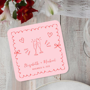 Trendy Pink Red Wavy Frame Wedding Rechteckiger Pappuntersetzer