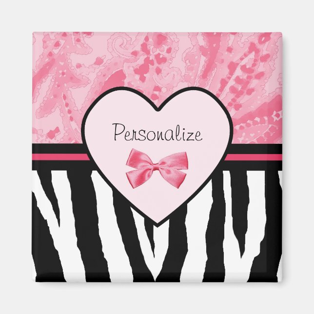 Trendy Pink und Black Zebra Muster Bow und Name Magnet (Vorne)