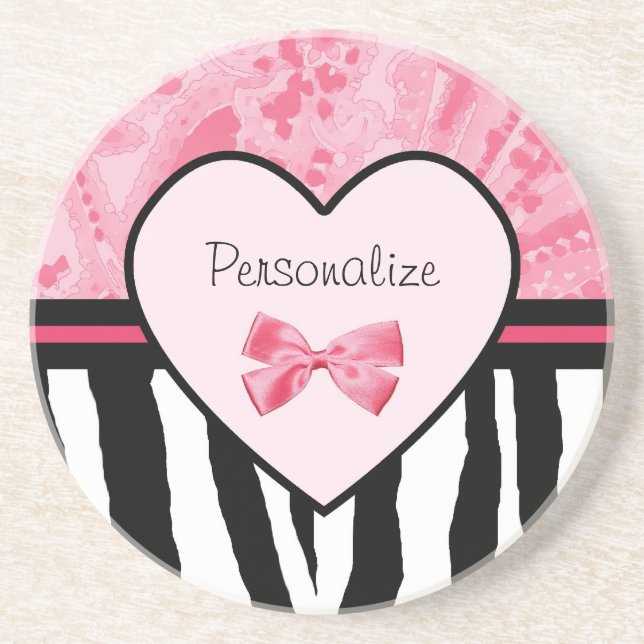Trendy Pink und Black Zebra Muster Bow und Name Sandstein Untersetzer (Vorne)
