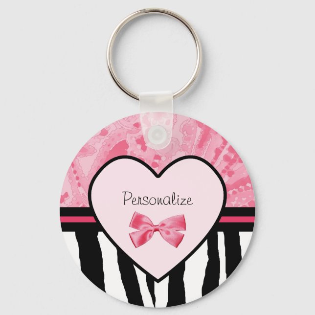 Trendy Pink und Black Zebra Muster Bow und Name Schlüsselanhänger (Vorderseite)