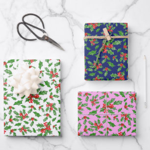 Trendy Pink und Blue Christmas Holly Pattern Geschenkpapier Set