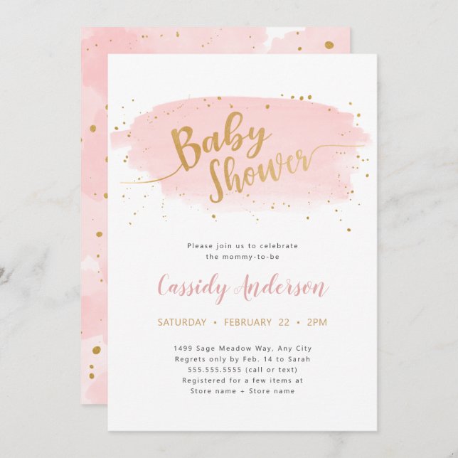 Trendy Pink und Gold Watercolor Baby Dusche Einladung (Vorne/Hinten)