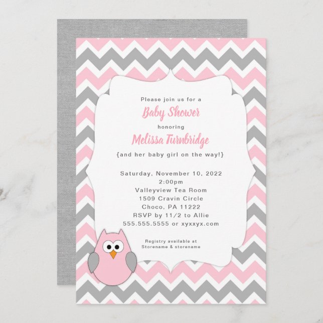 Trendy Pink und Gray Owl Girl Babydusche Einladung (Vorne/Hinten)