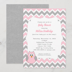 Trendy Pink und Gray Owl Girl Babydusche Einladung