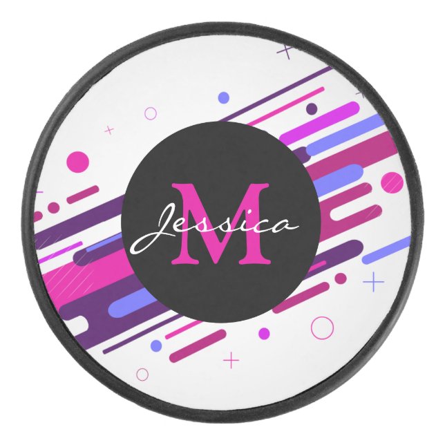 Trendy Pink und Lila geometrische Linien Monogramm Eishockey Puck (Vorderseite)