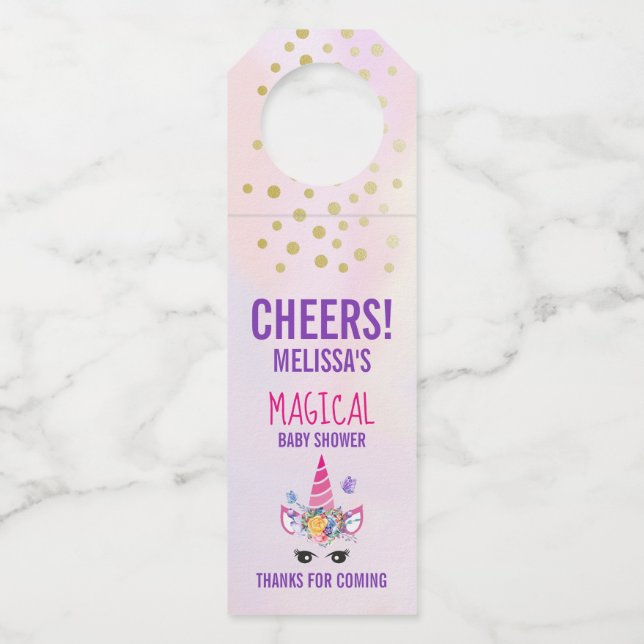 Trendy Pink Unicorn Confetti & Blume Kinderdusche Flaschenanhänger (Vorderseite)