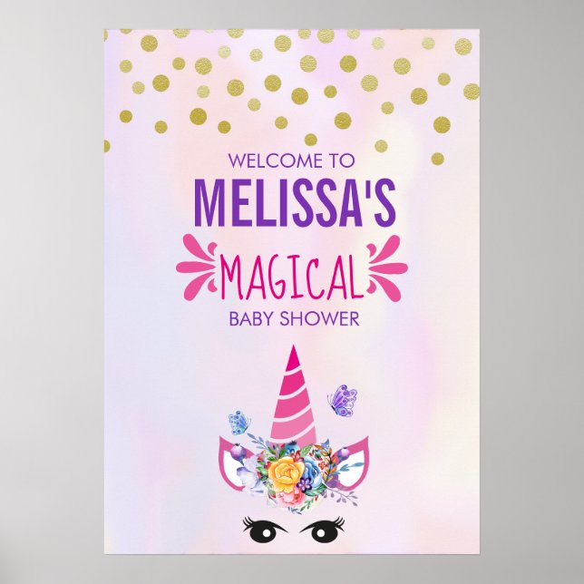 Trendy Pink Unicorn Confetti & Blume Kinderdusche Poster (Vorne)
