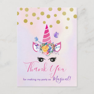 Trendy Pink Unicorn mit Blume Party Vielen Dank Postkarte