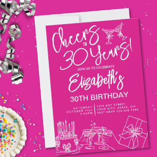Trendy Pink Whimsical Hand Drawn 30. Geburtstag Einladung