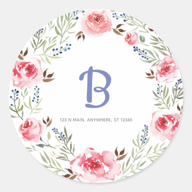 Trendy Pink Wreath Monogram-Adresse Runder Aufkleber (Vorderseite)