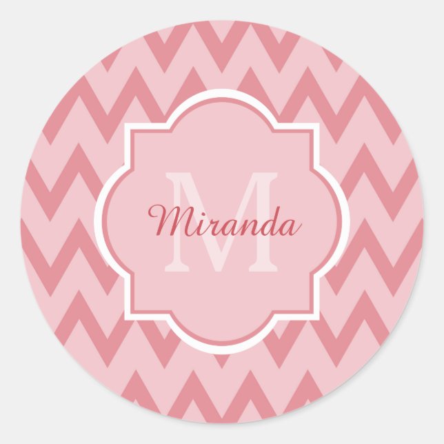 Trendy Pink Zickzack Zigzag Name und Monogram Runder Aufkleber (Vorderseite)