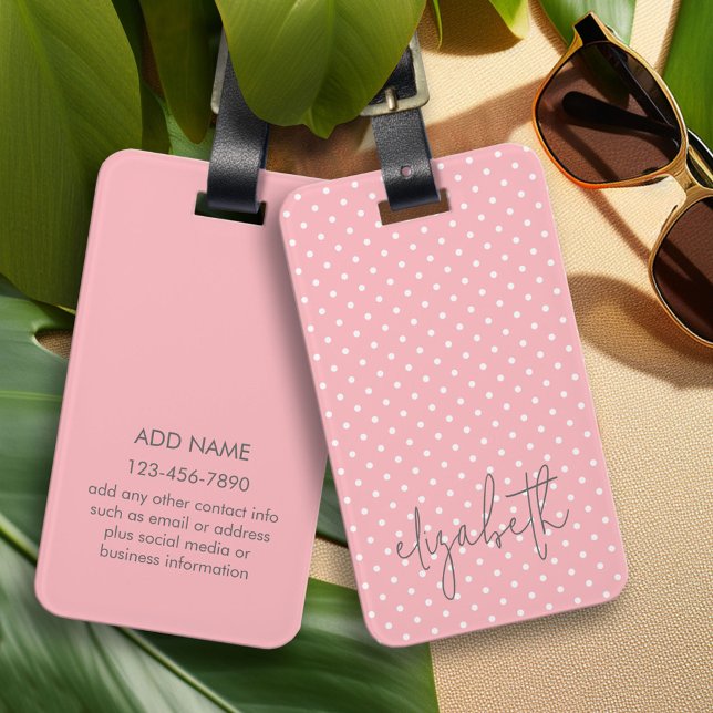 Trendy Polka Dot blush rosa Skript graue Namen Gepäckanhänger (Custom Luggage Tag - Personalized Bag Tag)