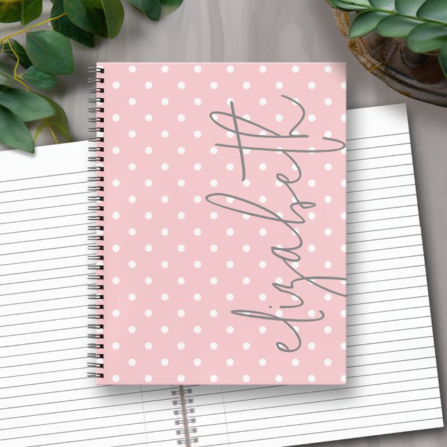 Trendy Polka Dot blush rosa Skript graue Namen Notizbuch (Personalized Notebook with Custom Text)