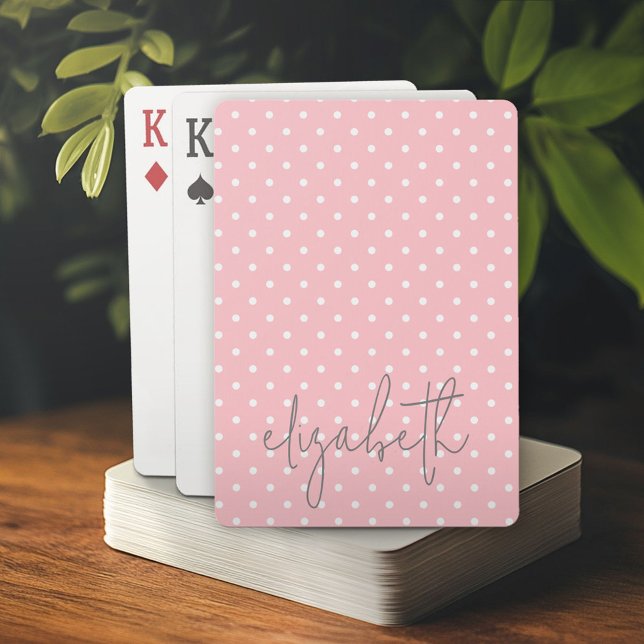 Trendy Polka Dot blush rosa Skript graue Namen Spielkarten (Custom Playing Cards)