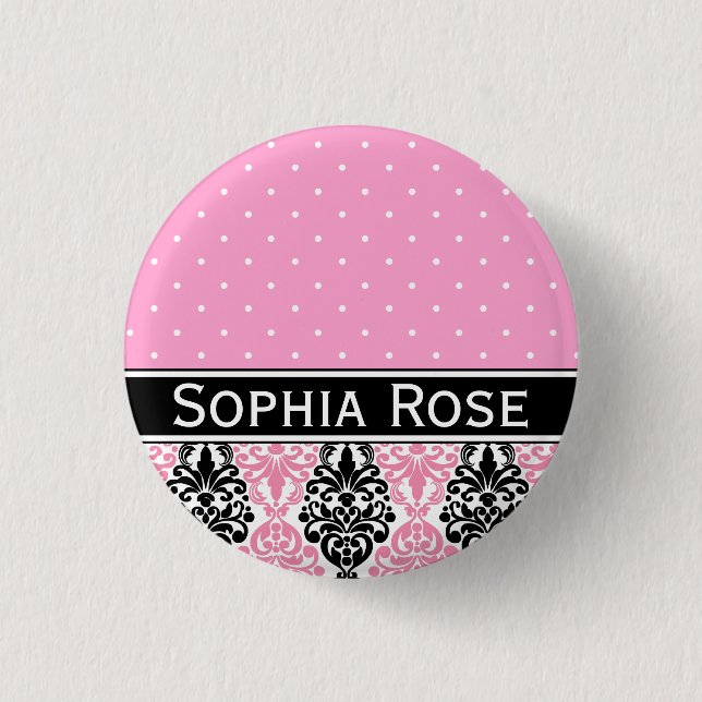 Trendy Polka Dot Damask Muster mit Name Button (Vorderseite)