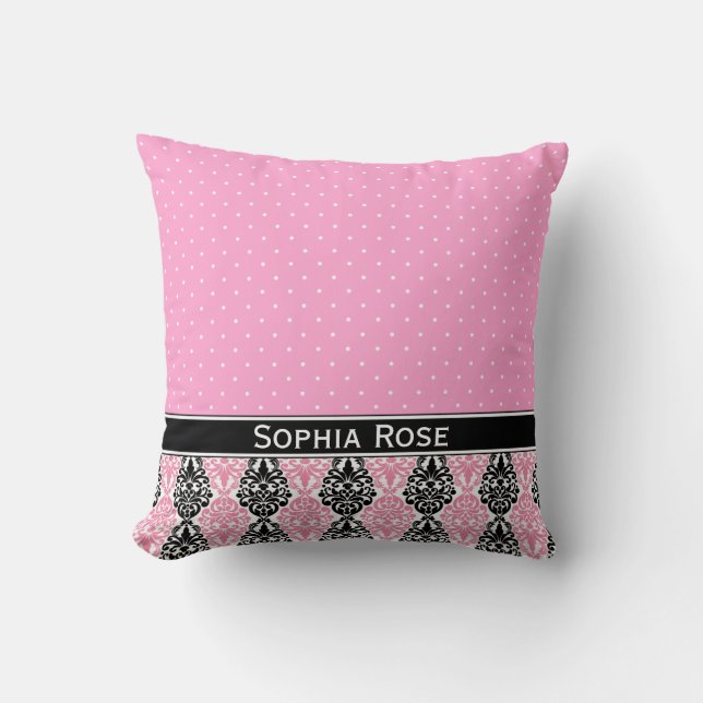 Trendy Polka Dot Damask Muster mit Name Kissen (Vorderseite)