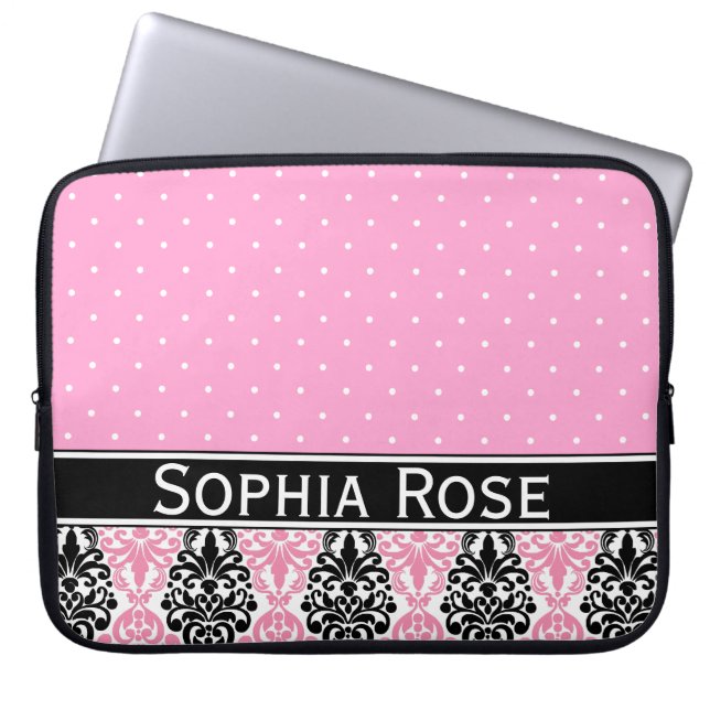 Trendy Polka Dot Damask Muster mit Name Laptopschutzhülle (Vorderseite)