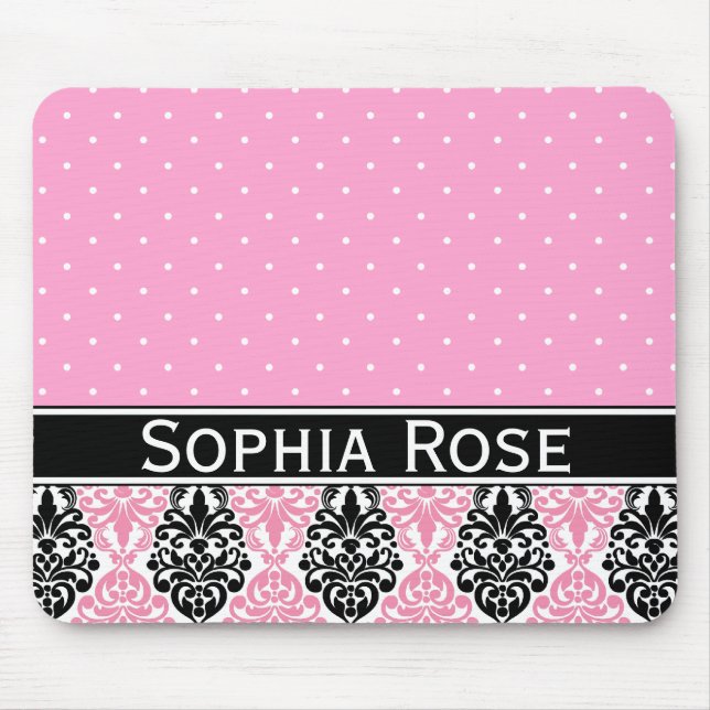 Trendy Polka Dot Damask Muster mit Name Mousepad (Vorne)
