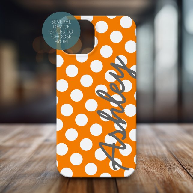 Trendy Polka Dot Pattern mit dem Namen - orange gr Case-Mate iPhone Hülle (Personalized Phone Case with Polka Dots and Custom Name)