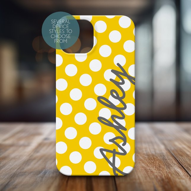 Trendy Polka Dot Pattern mit Namen - gelb grau Case-Mate iPhone Hülle (Personalized Phone Case with Polka Dots and Custom Name)