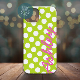 Trendy Polka Dot Pattern mit Namen - grün pink iPhone 15 Hülle