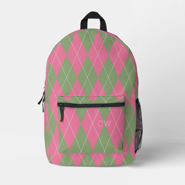 Trendy Preppy Rosa Monogram Raute Initials Bedruckter Rucksack (Vorderseite)