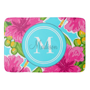 Trendy Preppy Style Hibisken Monogram Name Badematte