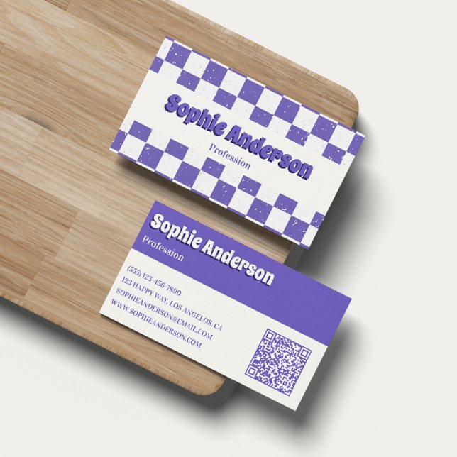 Trendy Purple Retro Check Pattern with QR Code Visitenkarte (Von Creator hochgeladen)