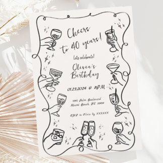 Trendy Quirky Hand Drawn Scribble Wein Geburtstag Einladung
