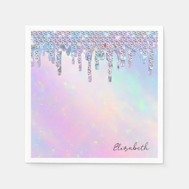 Trendy Rainbow Glitter Drips Holographic Serviette (Vorderseite)