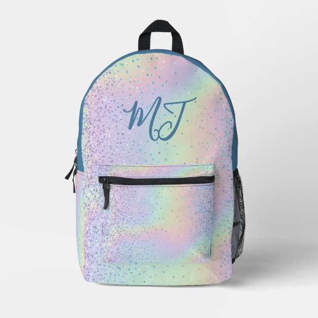 Trendy Rainbow Glitzer Monogram Style Bedruckter Rucksack (Vorderseite)