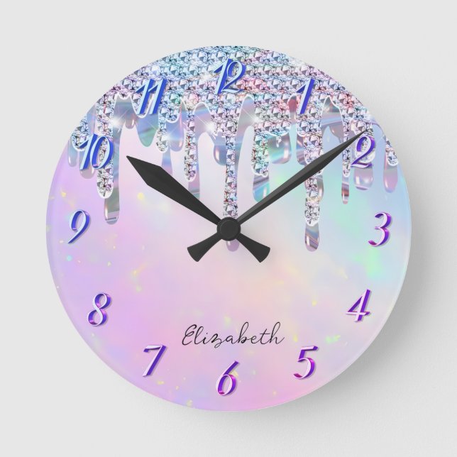 Trendy Rainbow Glitzer Tropfens Holographic Runde Wanduhr (Vorderseite)