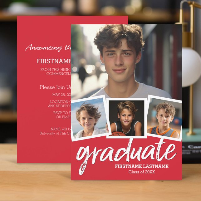 Trendy Red Abschluss Ankündigung Party 4 Foto (Classic Graduation Announcement and Party Invitation with 4 Photos)