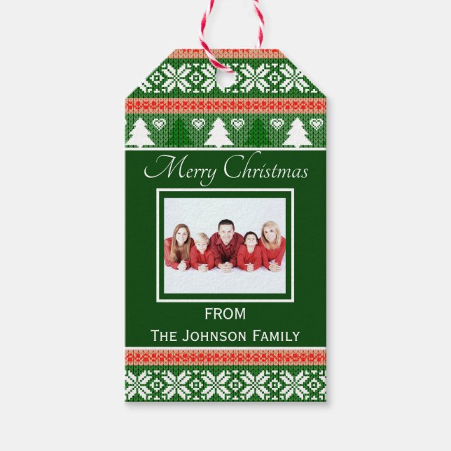Trendy Red and Green Ugly Christmas Sweater Foto Geschenkanhänger (Vorderseite)