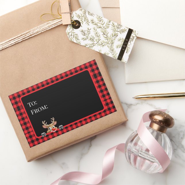 Trendy Red Black Buffalo Karo mit Rentier Rechteckiger Aufkleber (Schenken)