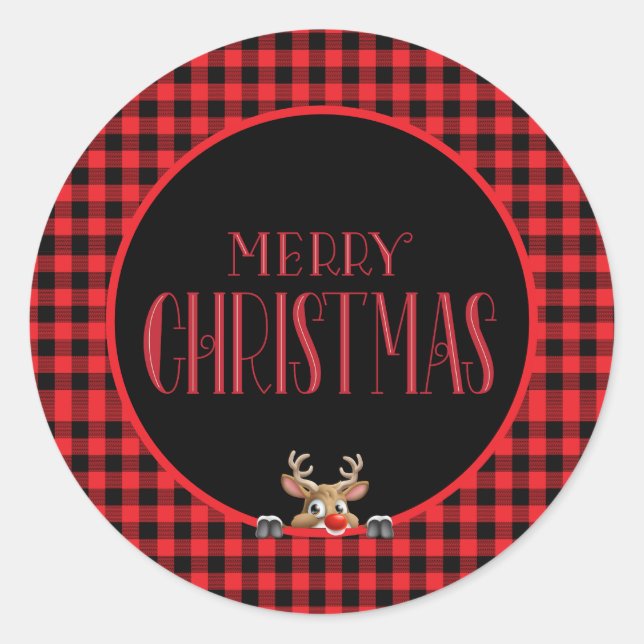 Trendy Red Black Buffalo Karo mit Rentier Runder Aufkleber (Vorderseite)