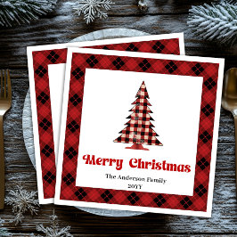 Trendy Red Black Plaid Tree Napkin Custom Name Serviette