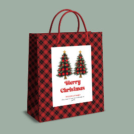Trendy red black tartan Christmas bag editable Mittlere Geschenktüte