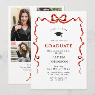 Trendy Red Bow Ribbon 4 FOTO Graduation Party Einladung