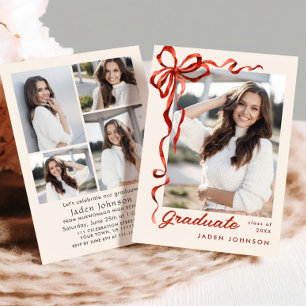 Trendy Red Bow Ribbon 5 FOTO Graduation Party Einladung