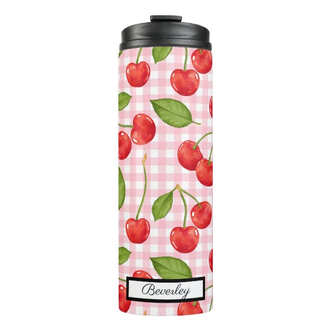 Trendy Red Cherry Pattern Gingham Hintergrund Thermosbecher (Vorderseite)