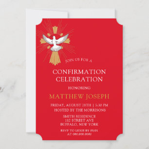Trendy Red Gold Cross White Dove Bestätigung Einladung