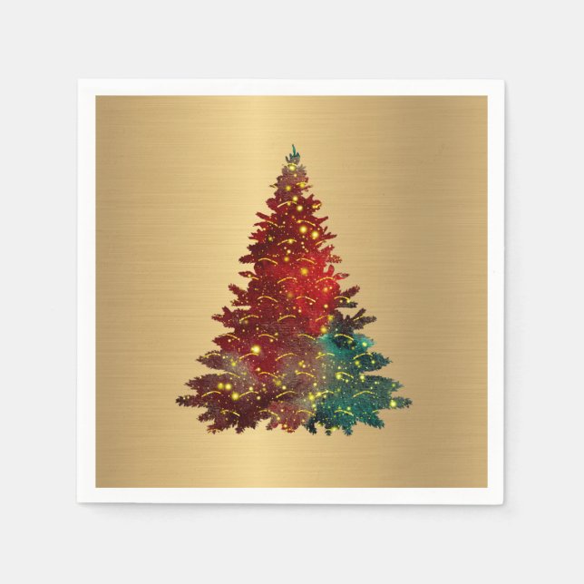 Trendy Red Green Watercolor Tree Gold Weihnachten Serviette (Vorderseite)