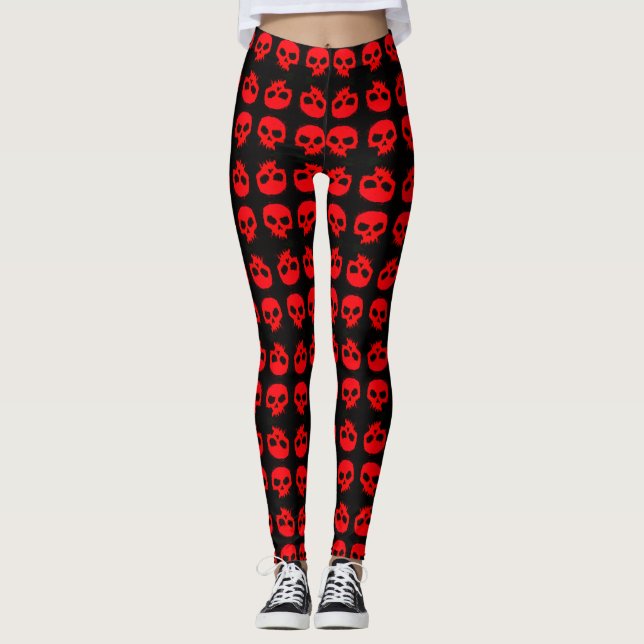 Trendy Red Grunge Skulls auf schwarzen Leggings (Vorderseite)