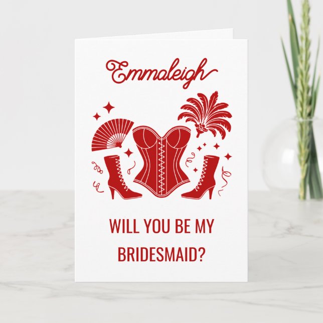 Trendy Red Las Vegas Showgirl Bridesmaid Proposal Karte (Vorderseite)