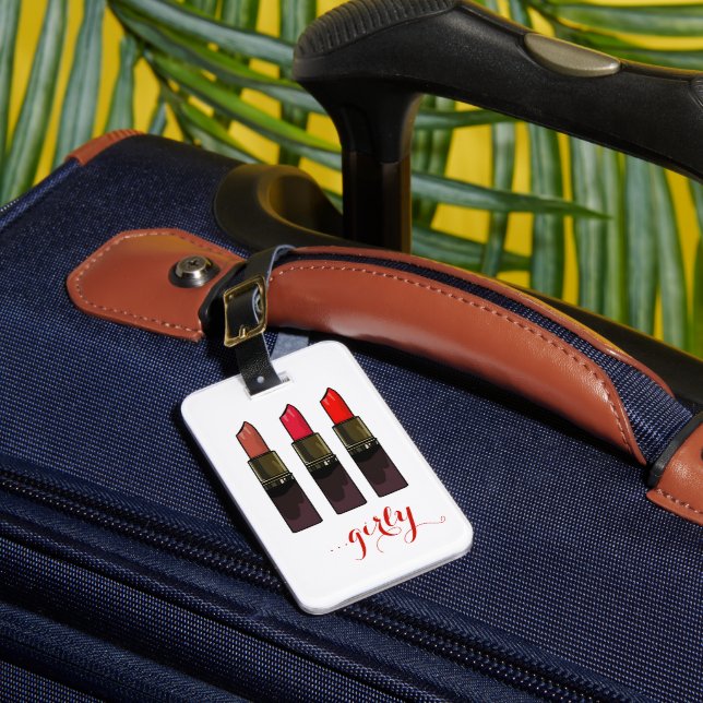 Trendy Red Lipstick Trio Girly Luggage Tag Gepäckanhänger (Vorderseite Insitu 1)