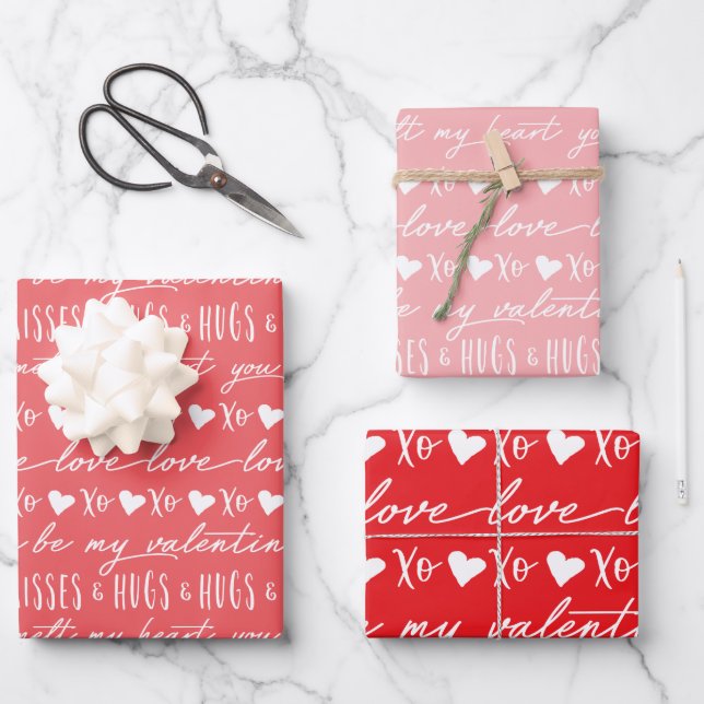 Trendy Red & Pink Calligraphy Be My Valentine Geschenkpapier Set (Vorderseite)