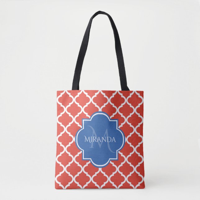 Trendy Red Quatrefolie Blue Monogram und Name (Vorderseite)